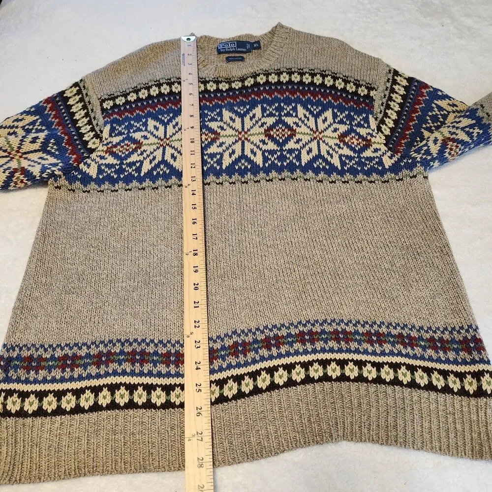 Vintage Polo Ralph Lauren Mens LS Sweater Beige Snowflake Nordic Cotton Knit  XL